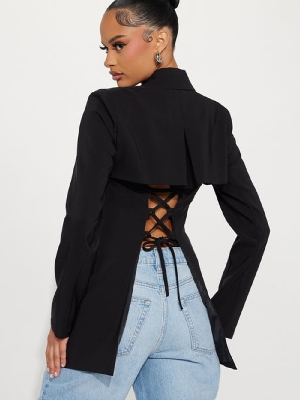 Black Lace-Up Back Blazer Jacket - Women